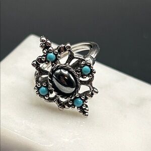 Avon 1974 Mirabella Ring Silver Tone Faux Hematite Turquoise #K48 Size 5.5 - 7